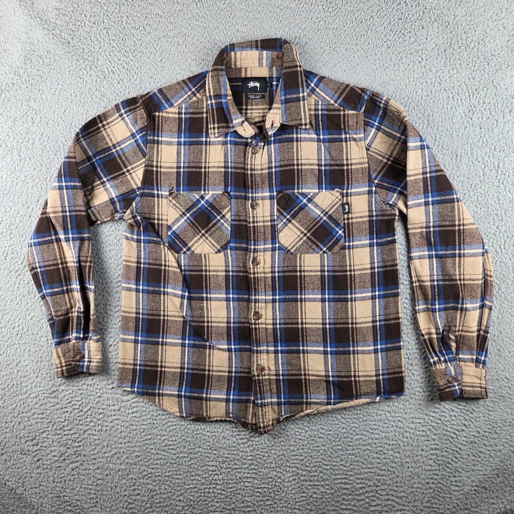Stussy Flannel Shirt Mens L Tan Blue Plaid Long Sleeve Button Up Streetwear